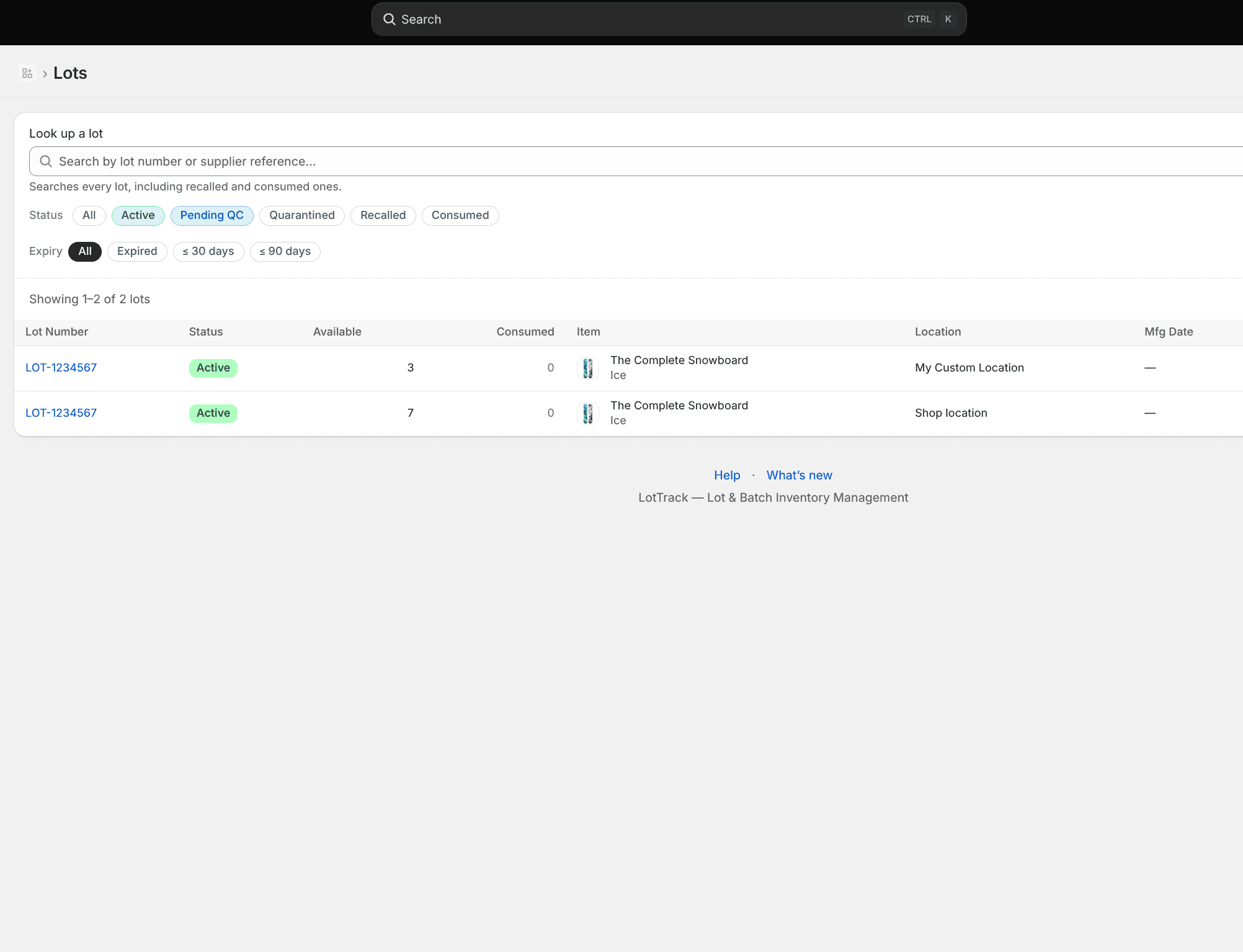 Screenshot of LotTrack